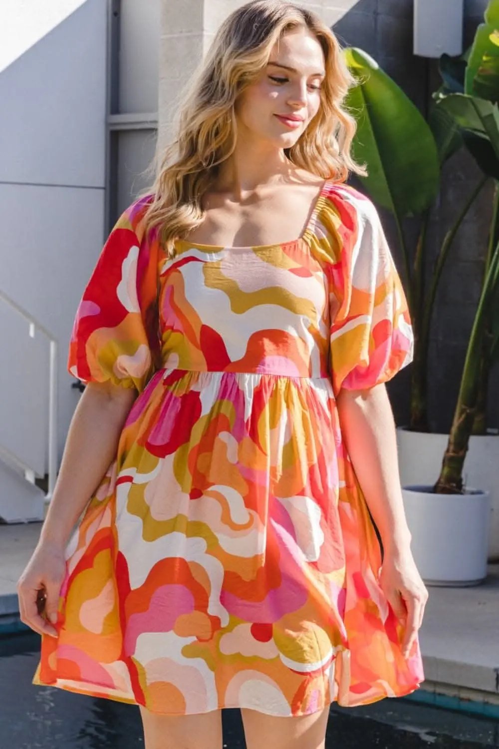 ODDI Full Size Printed Tied Back Short Sleeve Mini Dress - Love Salve